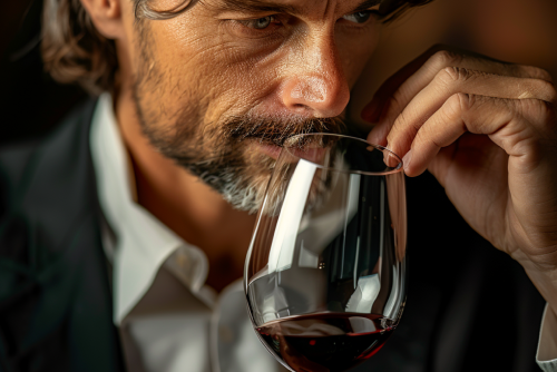 A man's contemplative gaze over a glass of red wine, pondering its deep hues and rich aromas.